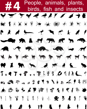 Set # 4. Big collection of collage vector silhouettes of people, animals, birds, fish, flowers and insects