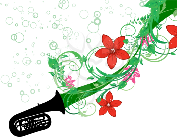 Wind instrument with Floral border for design use. Vector illustration.