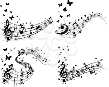 Set of musical background with butterfly. Vector illustration.