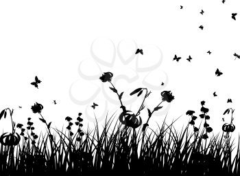 Medow with grass flowers and butterflies. EPS 8 Vector illustration. All objects are separated.