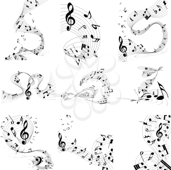 Musical note staff set. Nine images. Vector illustration.