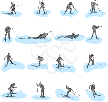 Set of biathlon grunge silhouettes. Fully editable EPS 10 vector illustration.