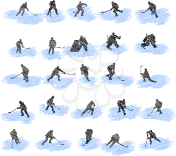 Set of hockey player grunge silhouettes. Fully editable EPS 10 vector illustration.