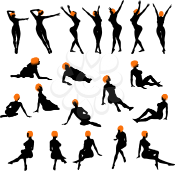 Naked sexy girls silhouette set. Very smooth and detailed with color hairstyle. Vector illustration.    