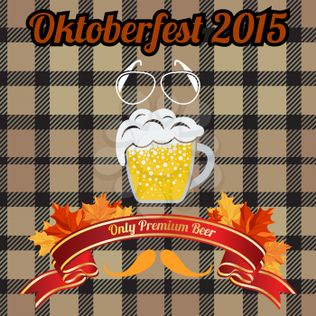 Oktoberfest Emblem. Mug of Beer With Spectacles and Mustache. Red Ribbon With Maple Leaves. Checkered Textile Background.  Suitable for Fest Attributes, Pub Equipment  And Other. Vector Illustration.