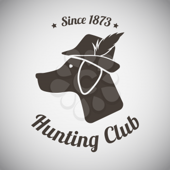 Hunting Vintage Emblem. Silhouette of Setter Head With Hunter Hat and Feather. Suitable for Advertising, Hunt Equipment, Club And Other Use. Dark Brown Retro Style.  Vector Illustration. 