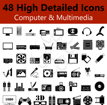 Set of High Detailed Computer and Multimedia Smooth Icons in Black Colors. Suitable For All Kind of Design (Web Page, Interface, Advertising, Polygraph and Other). Vector Illustration. 