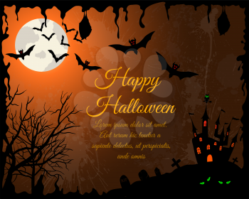 Happy Halloween Greeting Card. Elegant Design With Castle, Bats, Owl, Grave and Cemetery, Tree Over Grunge Orange Background With Ink Blots. Vector illustration.