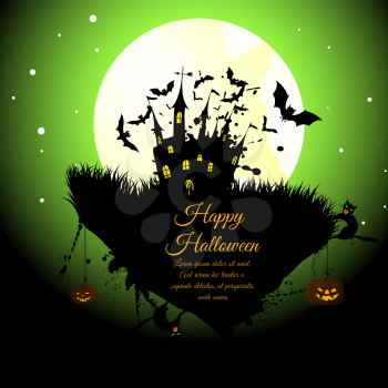 Happy Halloween Greeting Card. Elegant Design With Castle, Bats, Owl, Pumpkins and Cats Over Grunge Green Background With Ink Blots. Vector illustration.