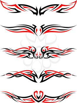 Set of Tribal Indigenous Tattoos in Black and Red Colors. Elegant Smooth Design Over White Background. Vector Illustration.