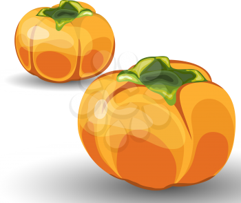 Set of Two Beautiful Glossy Orange Persimmon over White Background. Cute Icons Suitable For Creating Food, Thanksgiving Day, Harvest Day Designs. Vector Illustration.