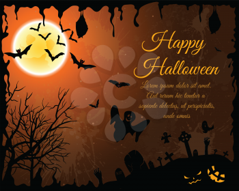 Happy Halloween Greeting Card. Elegant Design With Bats, Spooky, Grave, Cemetery, Tree and Moon  Over Orange Grunge Starry Sky Background With Ink Blots. Vector illustration.