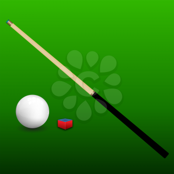 Billiard (snooker) ball with cue and chalk on green background. Vector illustration.