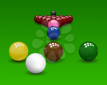 Snooker pyramid  shiny balls on green background. Vector illustration.