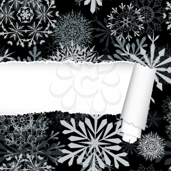Snowflakes pattern with ripped torn paper stripe. Vector illustration.