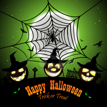 Happy Halloween Greeting (Invitation)  Card. Elegant Design With Smiling Pumpkin in Front of Moon and Spider With Web Over Grunge Green Background. Vector illustration.