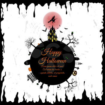 Happy Halloween Greeting Card. Elegant Design With Castle, Bats, Owl, Grave, Tree, Witch, Cemetery and Moon Over Grunge Background. Vector illustration.