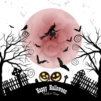 Happy Halloween Greeting Card. Elegant Design With Bats, Owl, Grave, Cemetery, Fence, Moon, Tree and Witch Over Grunge White Background. Vector illustration.