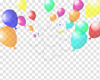 Transparent colorful balloons in air on gray grid background. Vector illustration. 