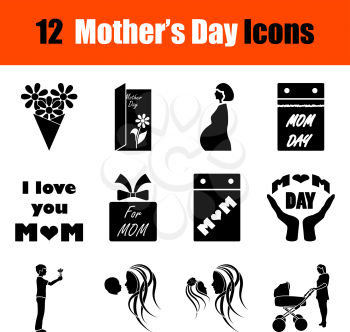 Set of twelve Mother's day black icons. Vector illustration.