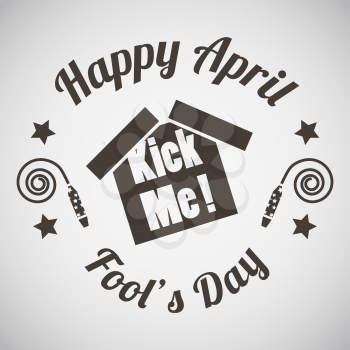 April fool's day emblem with kick me sticker. Vector illustration.