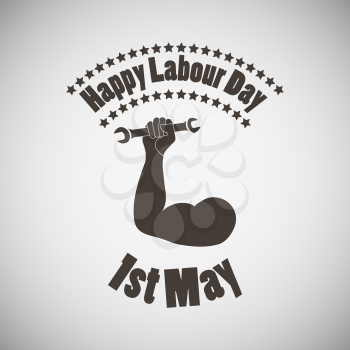 Labour day emblem with biceps and wrench in fist. Vector illustration. 