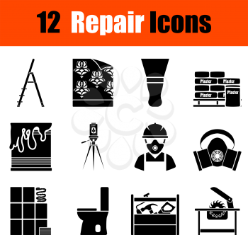 Set of twelve flat repair black icons. Vector illustration.
