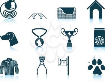 Set of twelve dog breeding icons with reflections. Vector illustration.