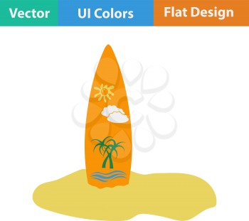Flat design icon of surfboard sticking into sand beach ui colors. Vector illustration.