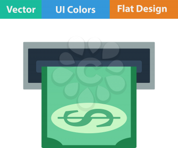 Flat design icon of dollar banknote sliding from atm slot in ui colors. Vector illustration.