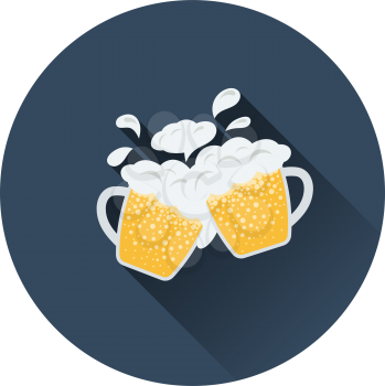 Two clinking beer mugs with fly off foam icon. Flat color design. Vector illustration.