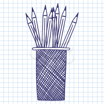 Pencil case. Doodle sketch on checkered paper background. Vector illustration.