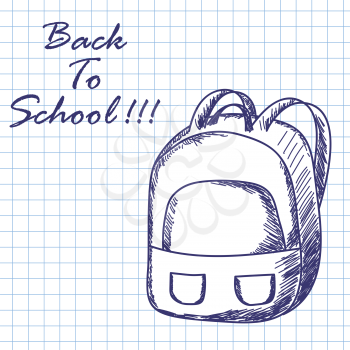 School backpack. Doodle sketch on checkered paper background. Vector illustration.