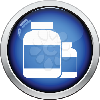 Pills container icon. Glossy button design. Vector illustration.