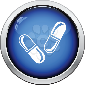 Pills icon. Glossy button design. Vector illustration.