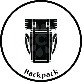 Camping backpack icon. Thin circle design. Vector illustration.