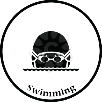Icon of Swimming man head with goggles and cap . Thin circle design. Vector illustration.