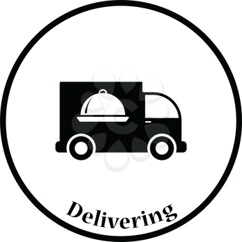 Delivering car icon. Thin circle design. Vector illustration.