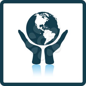 Hands holding planet icon. Shadow reflection design. Vector illustration.