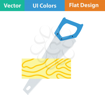 Handsaw cutting a plank icon. Flat color design. . Vector illustration.