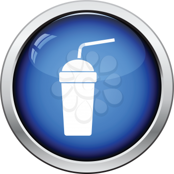 Disposable soda cup and flexible stick icon. Glossy button design. Vector illustration.