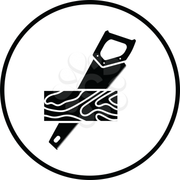 Handsaw cutting a plank icon. Thin circle design. Vector illustration.