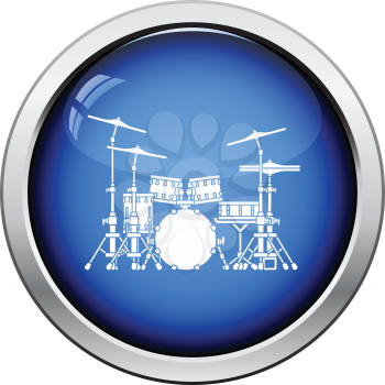 Drum set icon. Glossy button design. Vector illustration.
