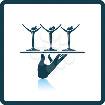 Waiter hand holding tray with martini glasses icon. Shadow reflection design. Vector illustration.