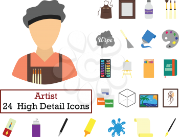 Set of 24  Artist Icons. Flat color design. Vector illustration.
