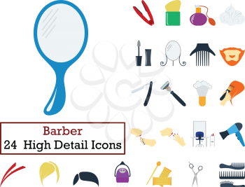 Set of 24 Barber Icons. Flat color design. Vector illustration.