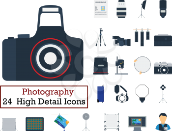 Set of 24 Photography Icons. Flat color design. Vector illustration.