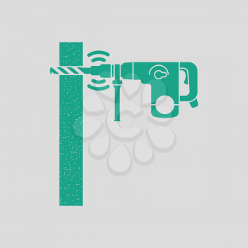 Icon of perforator drilling wall. Gray background with green. Vector illustration.