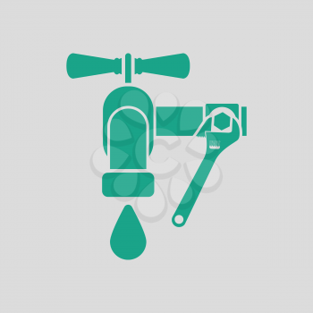 Icon of wrench and faucet. Gray background with green. Vector illustration.