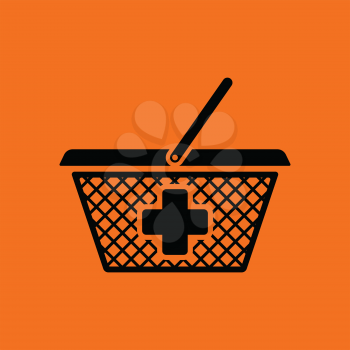 Pharmacy shopping cart icon. Orange background with black. Vector illustration.